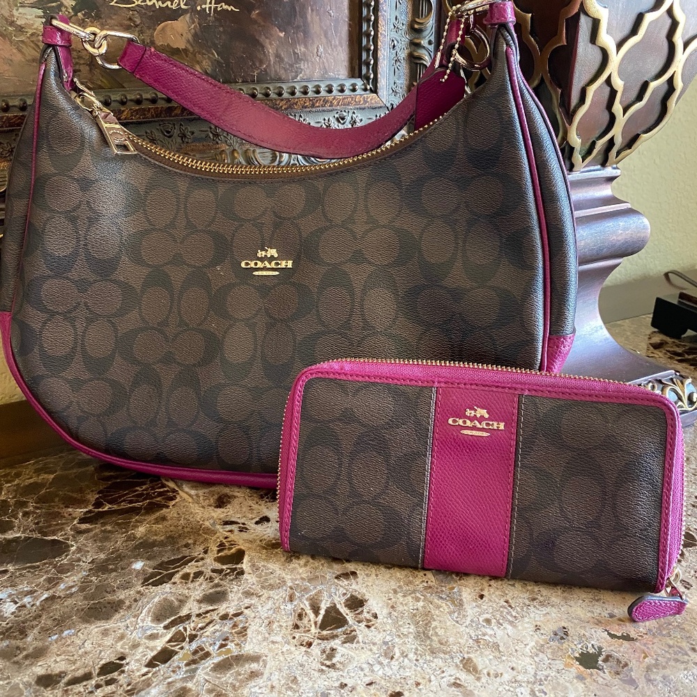 Coach logo leather and canvas shoulder handbag and matching wallet